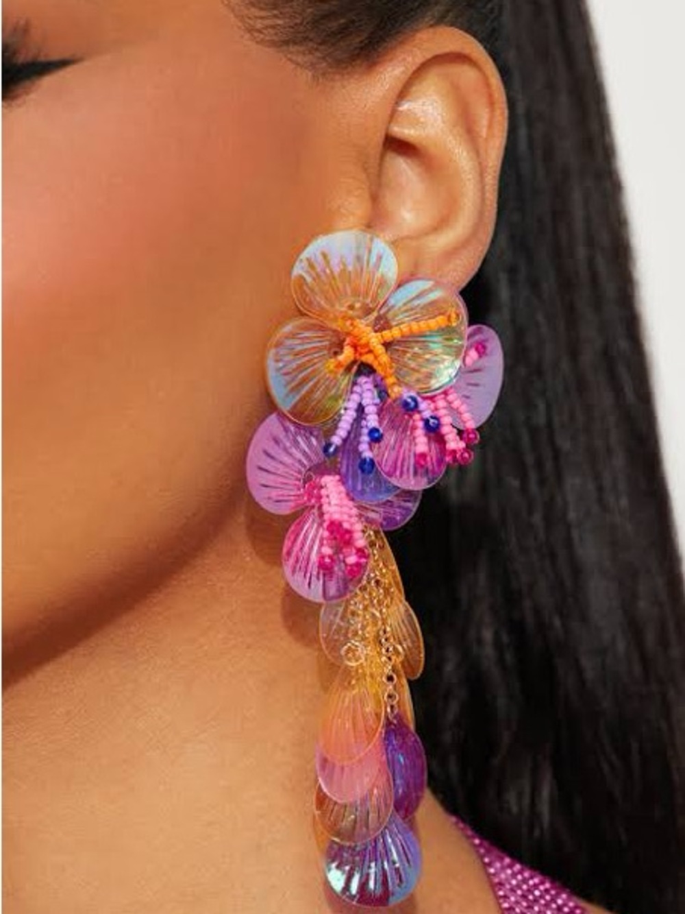 Bold Multi-Color Floral Drop Earrings - Pink & Purple